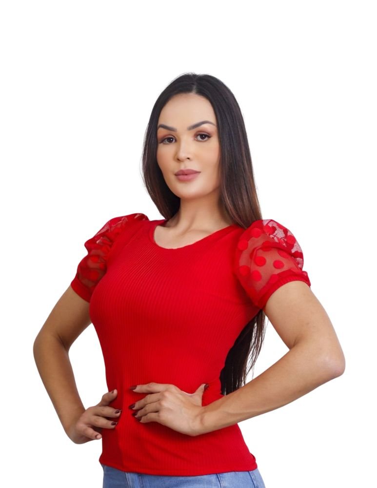 Blusa Canelada Manga Poá